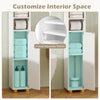 Narrow bathroom storage cabinet with open shelves, adjustable shelves, and toilet paper holder for efficient space use.