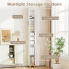 Narrow bathroom storage cabinet in white with open shelves, enclosed cabinets, and a toilet paper holder for efficient.