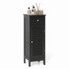 Narrow black bathroom storage cabinet showcases a spacious top for essentials, a stylish design, and a louvered door for ventilation.