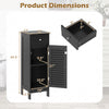Narrow black bathroom storage cabinet with adjustable shelf, drawer, and louvered door for efficient space-saving organization.