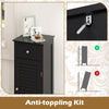 Narrow black bathroom storage cabinet features an adjustable shelf, deep drawer, and anti-tipping kit for safety.