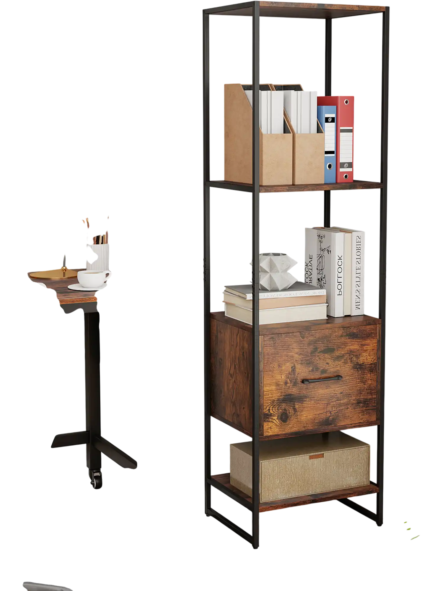 Costway 5-Tier Narrow Bookcase w/ 4 Open Shelves Storage Drawer Rustic Brown 913548762 New