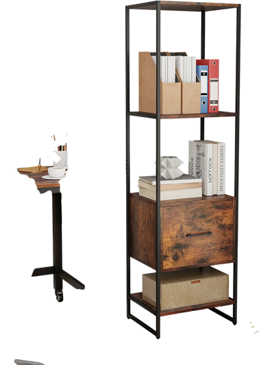 Costway 5-Tier Narrow Bookcase w/ 4 Open Shelves Storage Drawer Rustic Brown 913548762 New