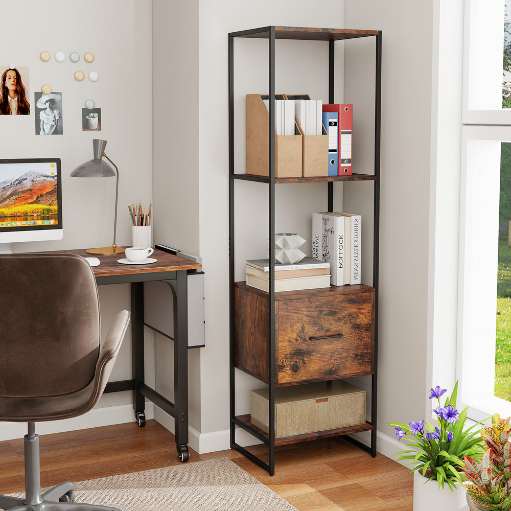 5-Tier Narrow Bookcase with 4 Open Shelves and Storage Drawer-Rustic Brown - Gallery View 1 of 10