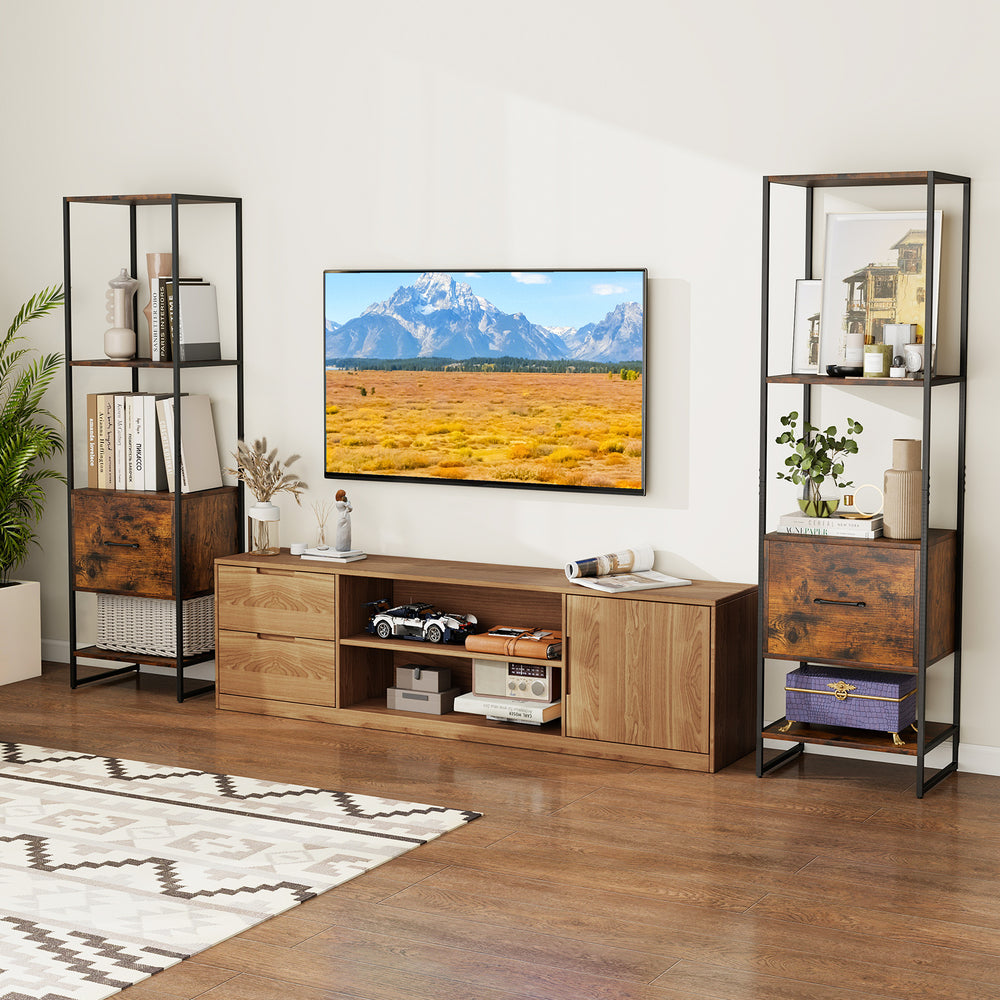 Narrow 5-tier bookcase in rustic brown showcasing 4 open shelves and a deep drawer, designed for efficient storage.
