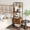 Rustic brown 5-tier narrow bookcase showcasing varied height shelves and a spacious drawer, perfect for compact living.