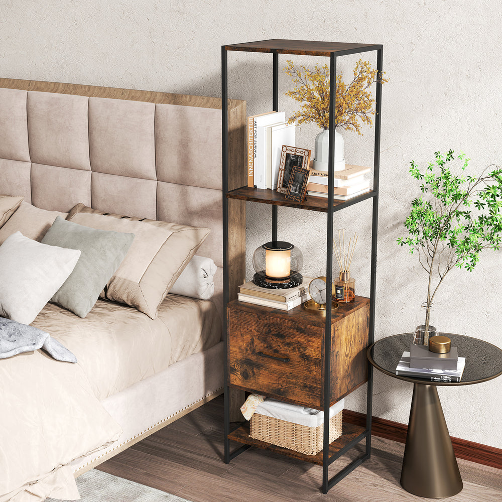 Rustic brown 5-tier narrow bookcase showcasing varied height shelves and a spacious drawer, perfect for compact living.