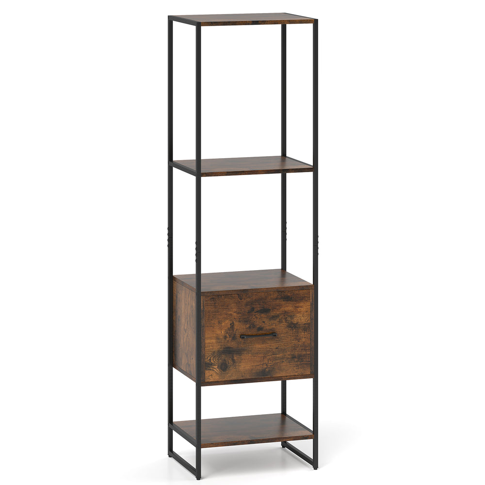 5-tier narrow bookcase in rustic brown with 4 open shelves and a storage drawer, perfect for small spaces.