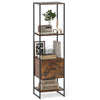 Narrow 5-tier bookcase in rustic brown with 4 open shelves and a storage drawer, perfect for small spaces.