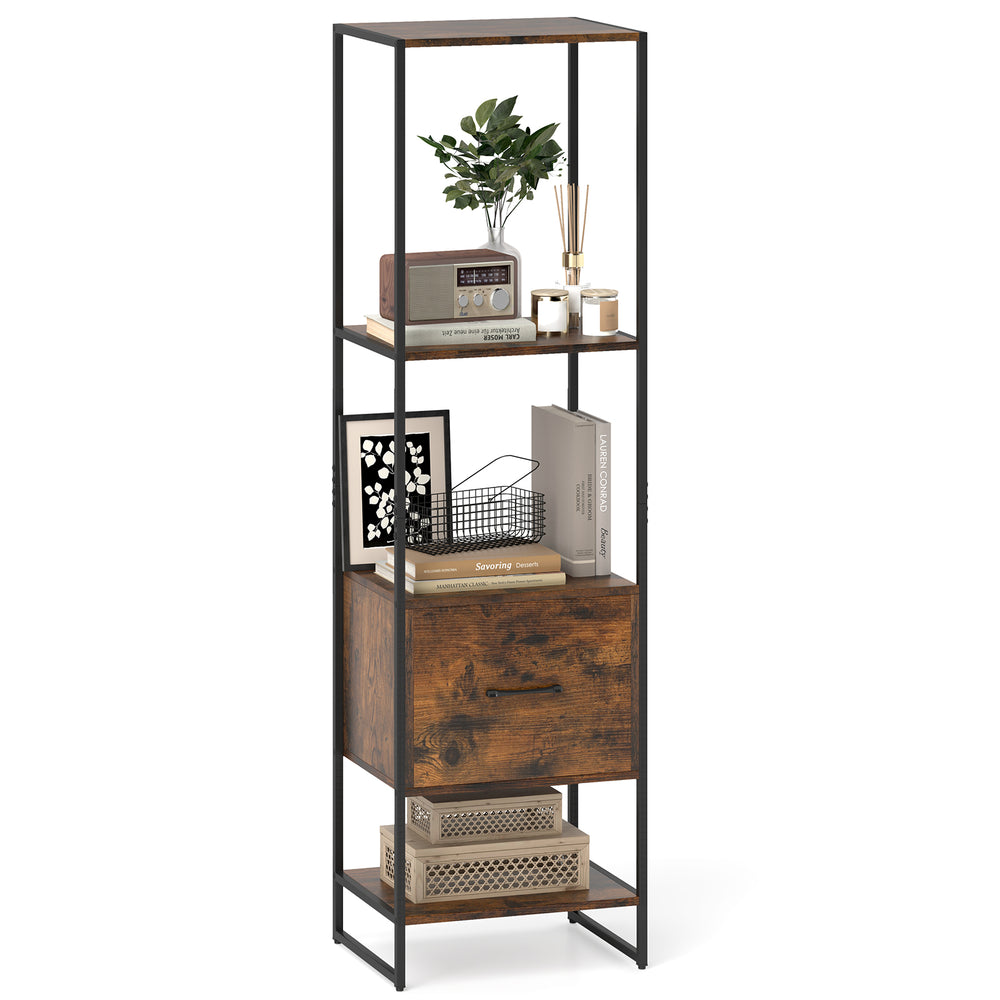 Narrow 5-tier bookcase in rustic brown with 4 open shelves and a storage drawer, perfect for small spaces.