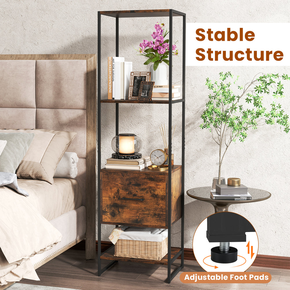 Narrow 5-tier bookcase with adjustable foot pads and a deep drawer, designed for stability in small spaces.