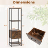 5-tier narrow bookcase in rustic brown with 4 open shelves and a storage drawer, ideal for small spaces.