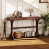 Narrow vintage console table in walnut with open storage shelf, perfect for entryways and living rooms.