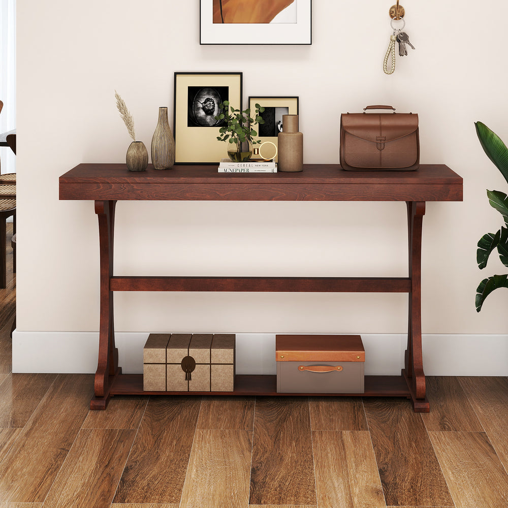Narrow vintage console table with walnut finish, featuring a spacious top and open storage shelf, ideal for entryways.