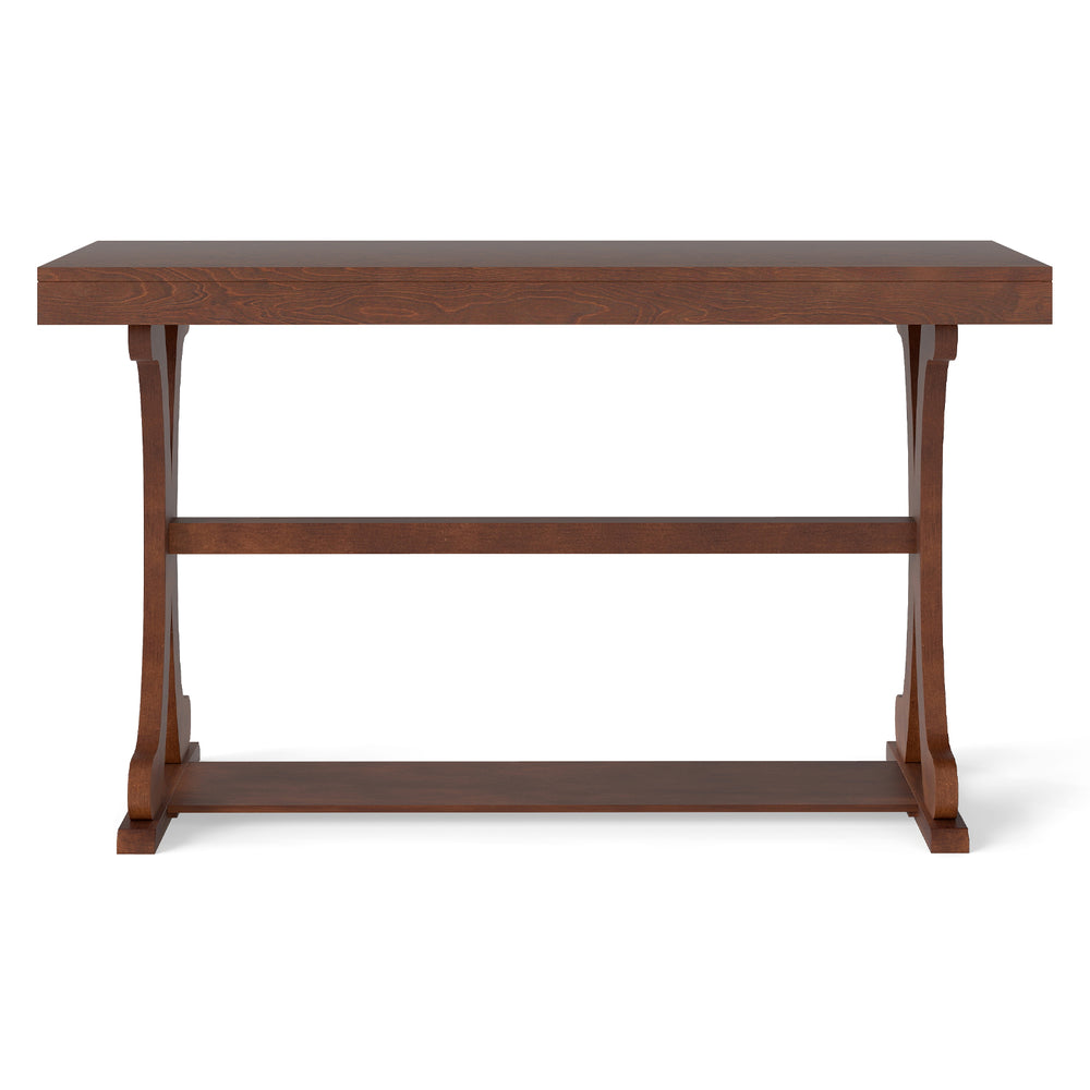 Narrow walnut console table with open storage shelf and vintage curved legs, ideal for entryways and living rooms.
