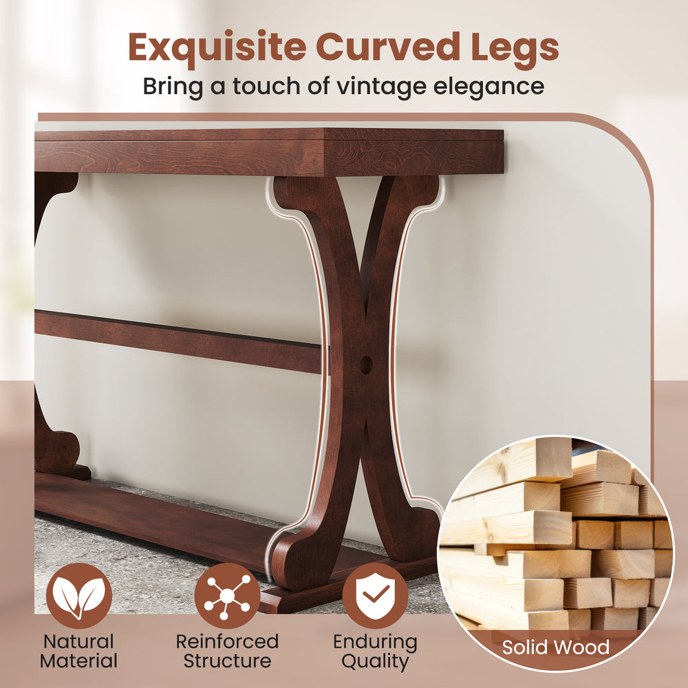 Narrow 52-inch vintage console table with open storage shelf, solid wood, and exquisite curved legs for living rooms.