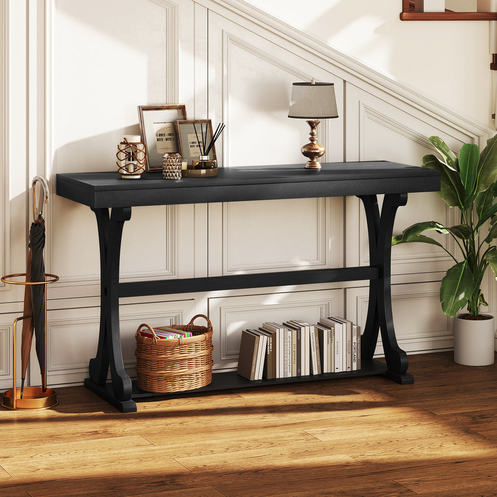 Narrow Console Table Vintage 52 Inch Long with Open Storage Shelf-Black - Gallery View 1 of 11