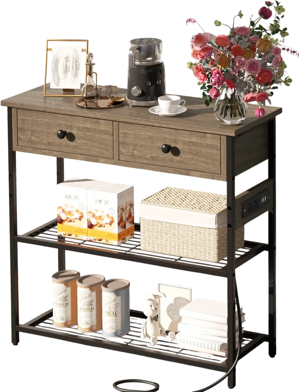 Narrow console table in gray with 2 drawers and 2 metal mesh shelves, perfect for displaying ornaments and storing.