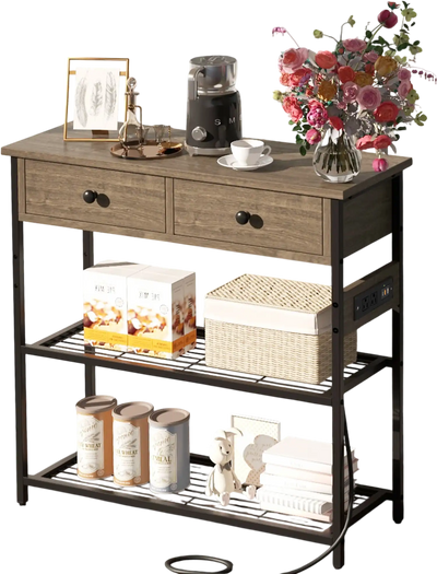 Costway Narrow Console Side Table 2 Drawers 2 Metal Mesh Shelves Gray 45687192 New