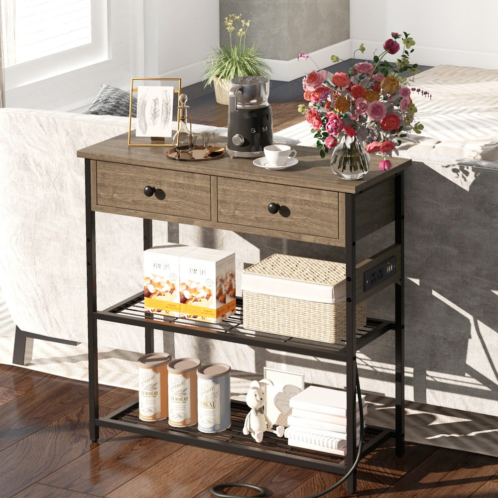 Narrow Console Table with 2 Drawers and 2 Metal Mesh Shelves-Gray - Gallery View 1 of 9