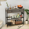 Narrow gray console table with 2 drawers and 2 metal mesh shelves, featuring USB ports and a sturdy design for.