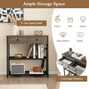 Narrow console table in gray with 2 drawers and 2 metal mesh shelves, perfect for displaying decor and storing items.