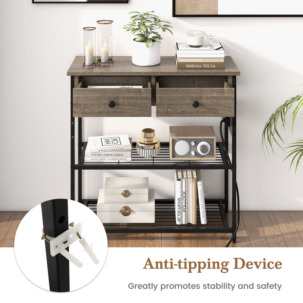 Narrow console table in gray with 2 drawers and 2 metal mesh shelves, featuring anti-tipping device for safety.