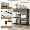 Narrow console table in gray with 2 drawers, 2 metal mesh shelves, and adjustable feet for stability.