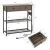 Narrow console table in gray with 2 drawers, 2 metal mesh shelves, and power outlets for versatile storage and display.