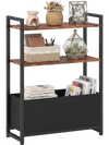Narrow end table with rustic brown shelves, featuring a metal frame, two open shelves, and a detachable fabric drawer.