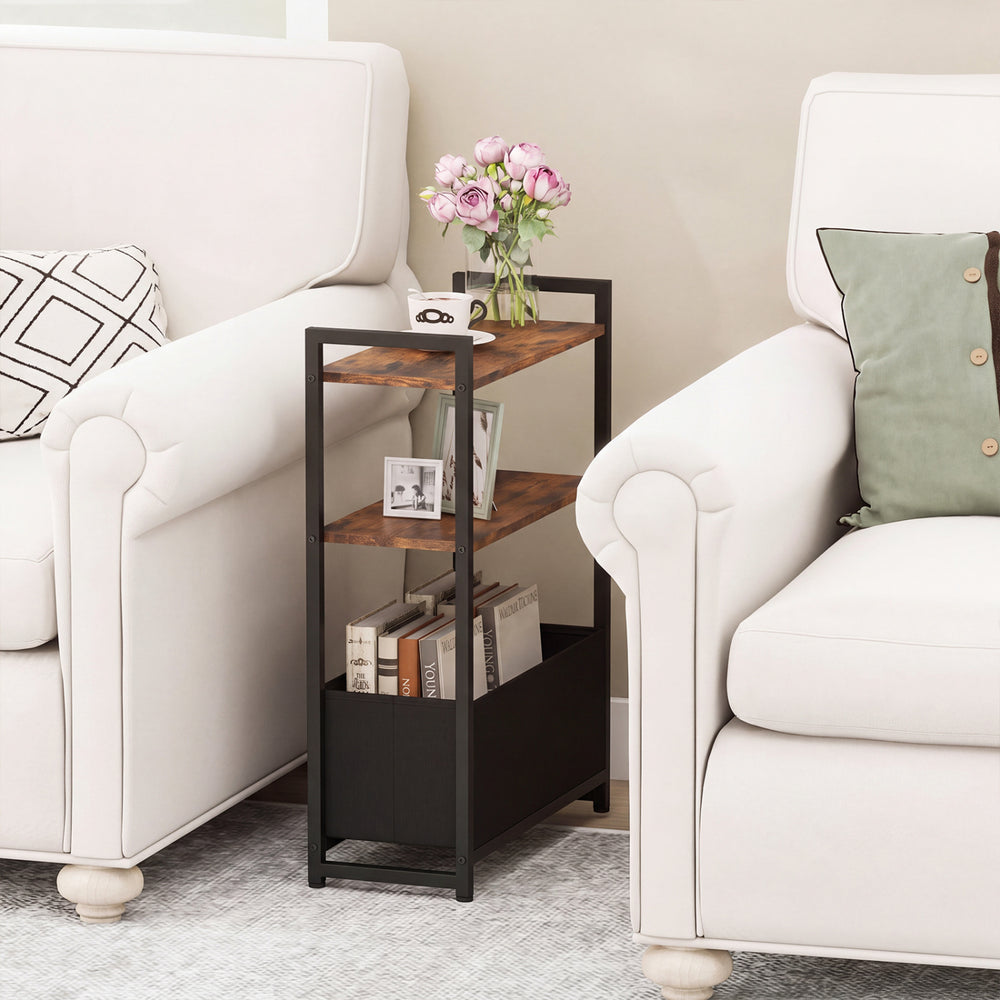 Narrow End Table with Storage Shelves and Metal Frame-Rustic Brown - Gallery View 1 of 10