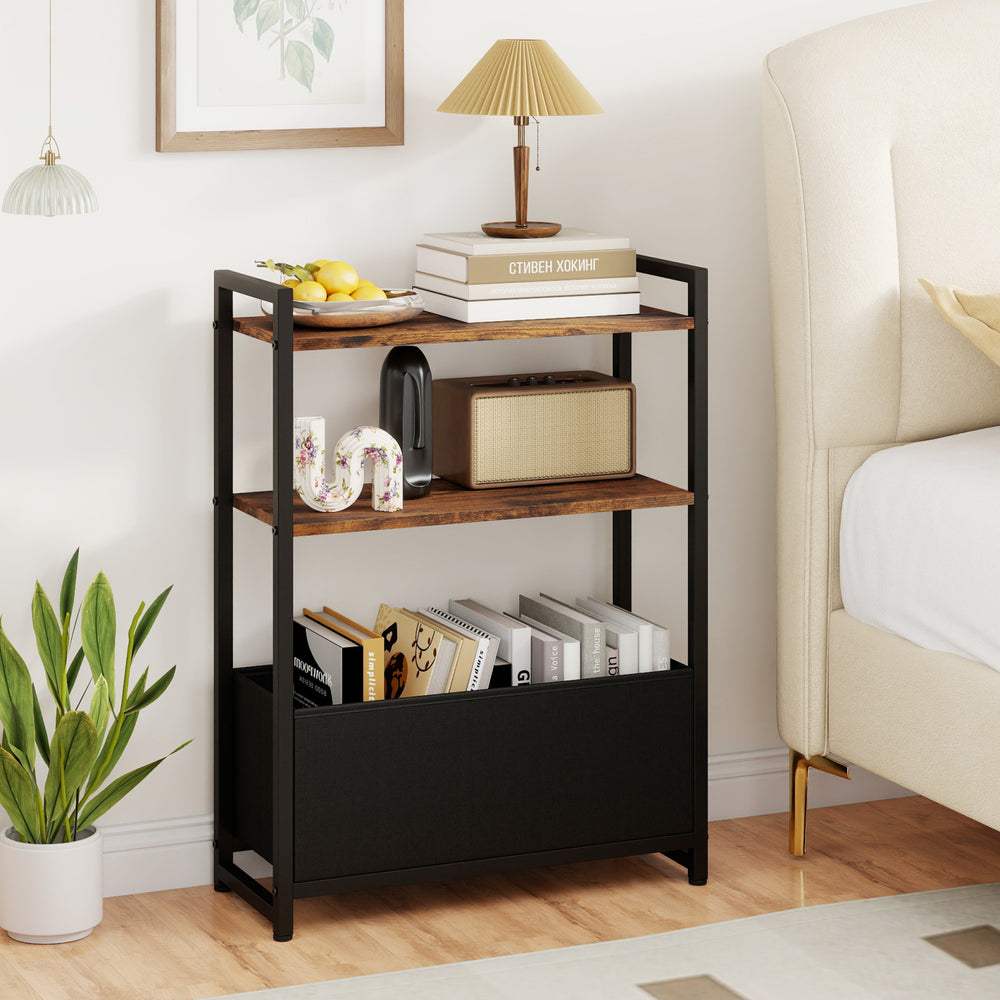 Narrow end table featuring a rustic brown finish, metal frame, and three-tier storage with open shelves and a fabric drawer.