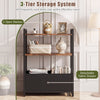 Narrow end table featuring a rustic brown finish, 3-tier storage with 2 open shelves and a detachable fabric drawer.