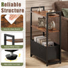 Narrow end table in rustic brown features a slim design, 3-tier storage, and robust metal frame for versatile use.