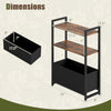 Narrow end table with rustic brown shelves, featuring a metal frame and dimensions for versatile storage solutions.