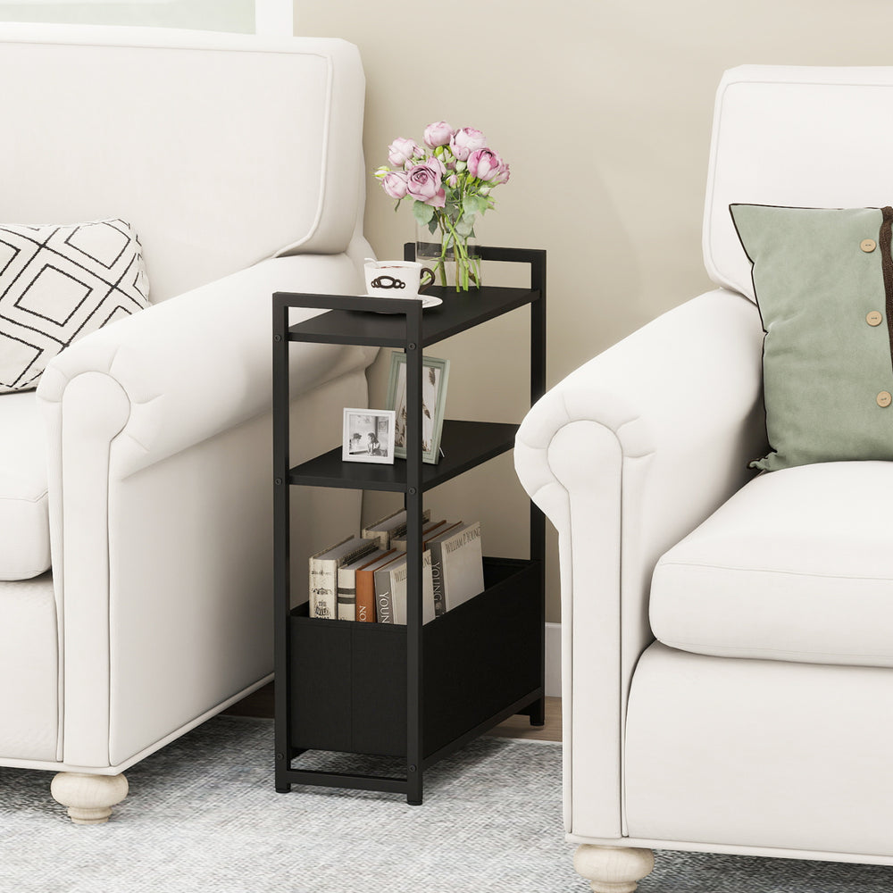 Narrow End Table with Storage Shelves and Metal Frame-Black - Gallery View 1 of 10