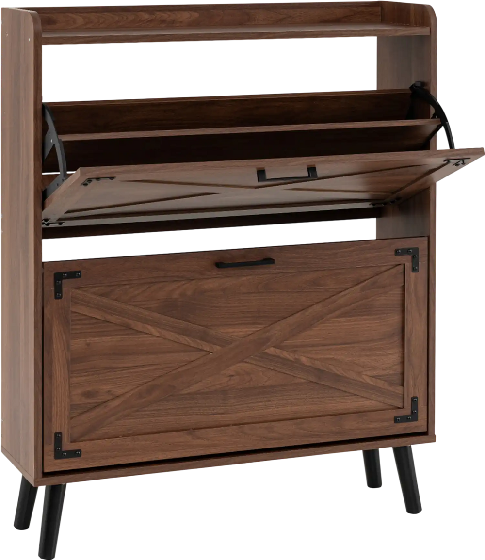 Narrow brown shoe cabinet features two flip-open drawers and an open top shelf, perfect for compact entryways.