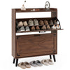 Narrow shoe cabinet in brown with adjustable shelves, flip-open drawers, and rustic farmhouse style for compact entryways.