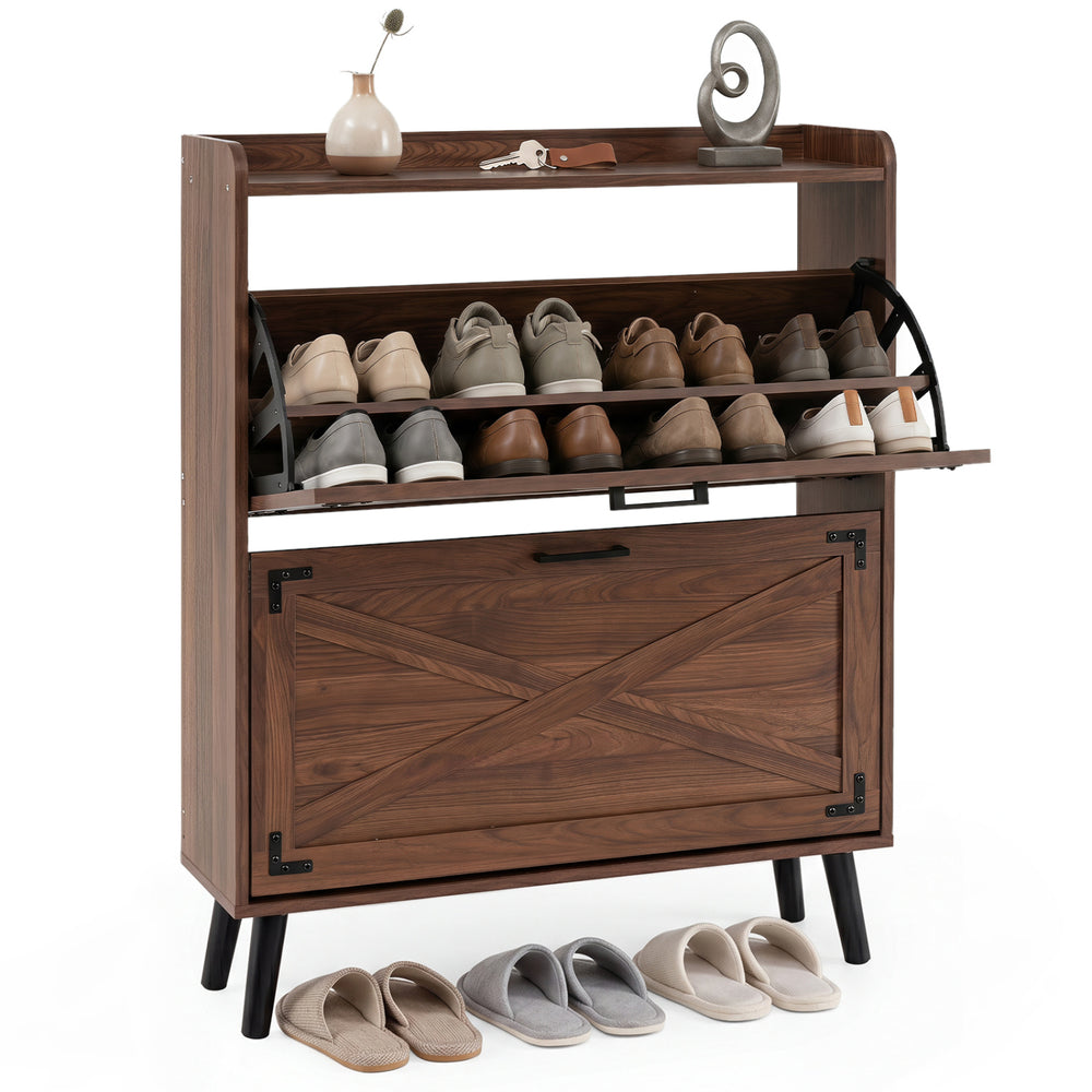 Narrow shoe cabinet in brown with adjustable shelves, flip-open drawers, and rustic farmhouse style for compact entryways.