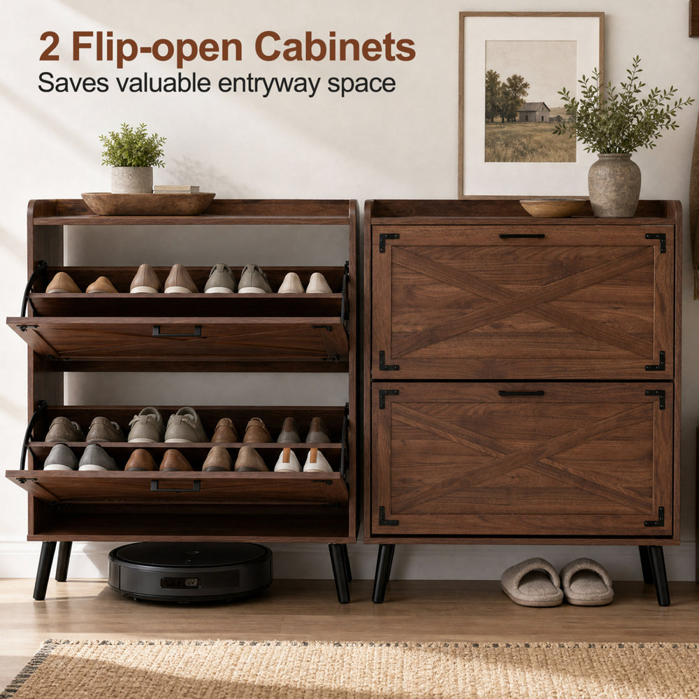 Narrow shoe cabinet in brown features two flip-open drawers and adjustable shelves, perfect for compact entryways.