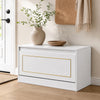 Narrow white shoe cabinet with a sleek design and flip drawer, offering stylish storage and a practical top surface.
