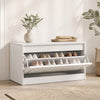 Narrow white shoe cabinet featuring a flip drawer and adjustable shelf, perfect for hallway organization and storage.
