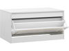 Narrow white shoe cabinet with a flip drawer, featuring an adjustable shelf, designed for efficient storage in compact spaces.