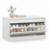 Narrow white shoe cabinet showcasing a flip drawer and adjustable shelf, designed for efficient shoe storage in tight spaces.