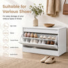 Narrow white shoe cabinet with a flip drawer and adjustable shelf for organized storage of various types of shoes.