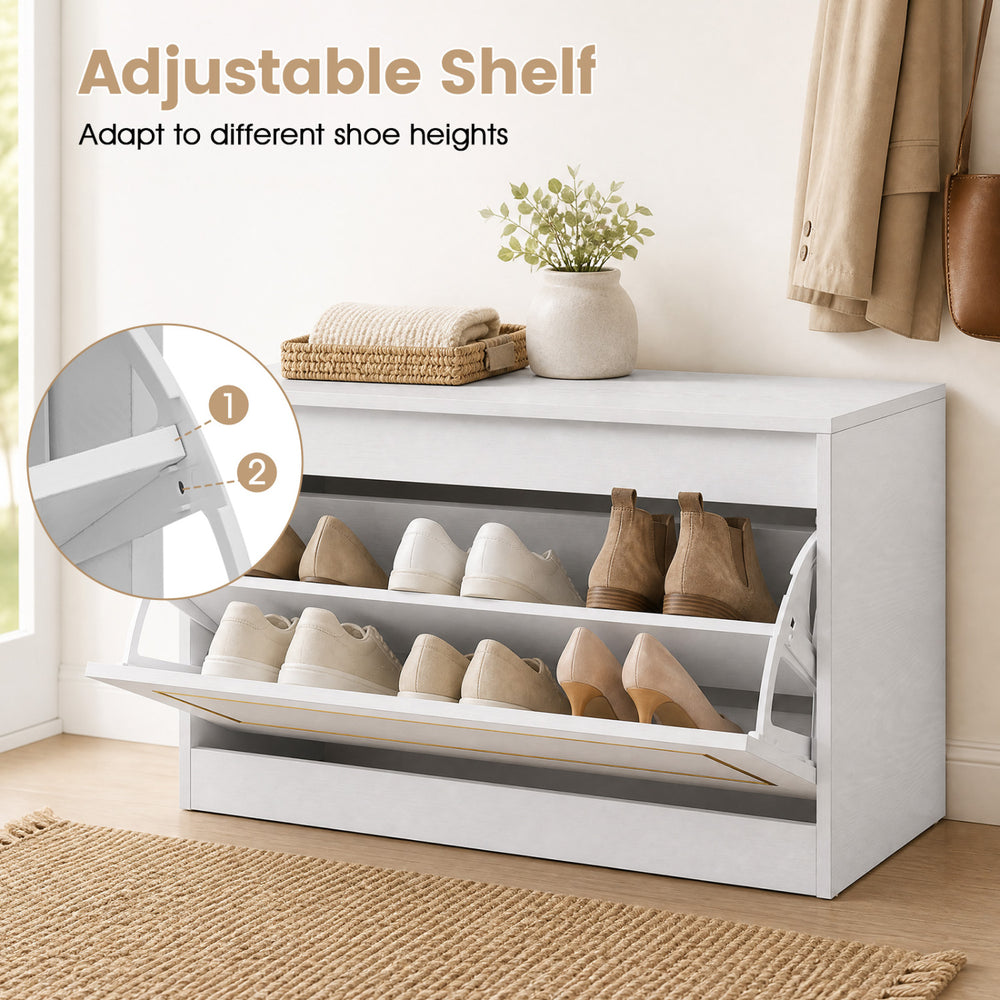 Narrow white shoe cabinet with adjustable shelf and flip drawer, perfect for organizing shoes in small hallways.
