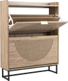 Narrow shoe storage cabinet in natural finish features 2 flip drawers and adjustable shelves for versatile footwear organization.