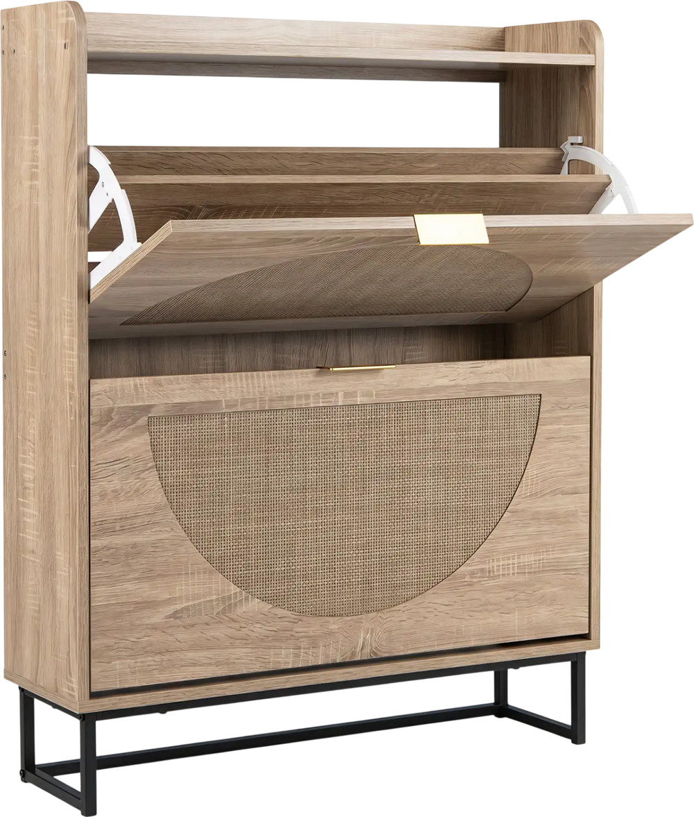 Narrow shoe storage cabinet in natural finish features 2 flip drawers and adjustable shelves for versatile footwear organization.