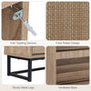 Narrow shoe storage cabinet features faux rattan design, adjustable shelves, and sturdy metal legs for stylish organization.
