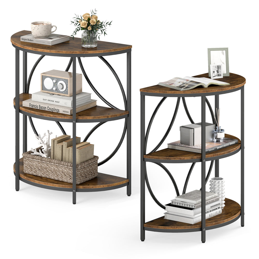 Narrow side table with rustic brown wood-like surface and metal frame, featuring multiple storage shelves for versatile.